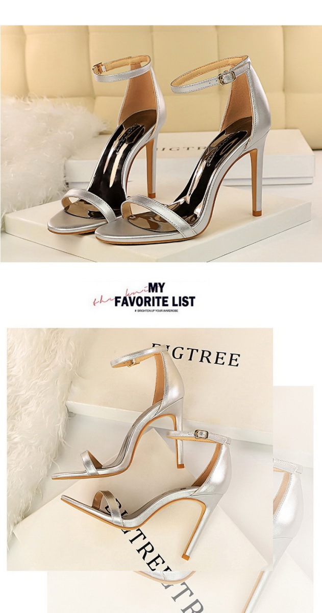 Giày sandal cao gót nữ quai ngang mũi hở gót mảnh phong cách thanh lịch — Màu bạc, Màu đen, Màu đỏ, Màu Kaki