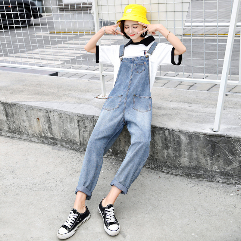 High Waisted Denim Overalls for Women Loose Fit Cropped Length Korean Style Spring Fashion Wholesale Available