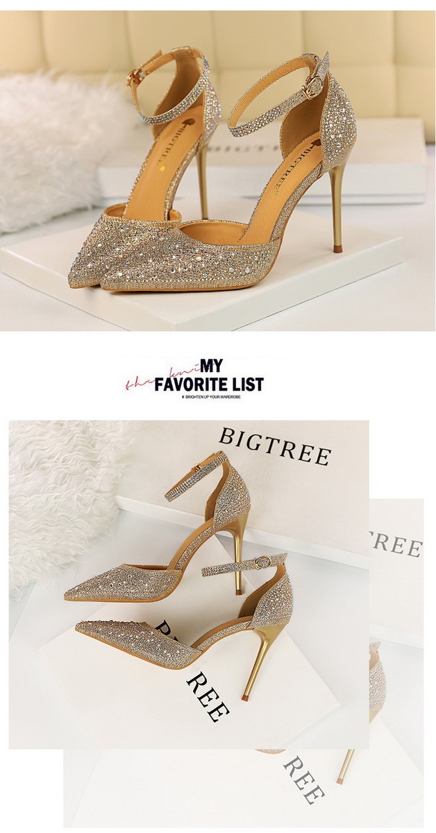Giày sandal cao gót nữ mũi nhọn quai ngang đính đá lấp lánh — Màu bạc, Màu đen, Màu hồng, Màu Sâm panh