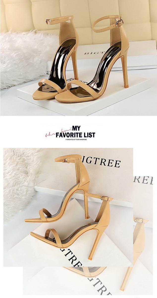 Giày sandal cao gót nữ quai ngang mũi hở gót mảnh phong cách thanh lịch — Màu bạc, Màu đen, Màu đỏ, Màu Kaki