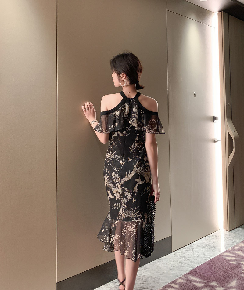 Đầm ôm body nữ cổ yếm tay bồng đuôi cá dáng dài — [Màu đen] chi tiết 7