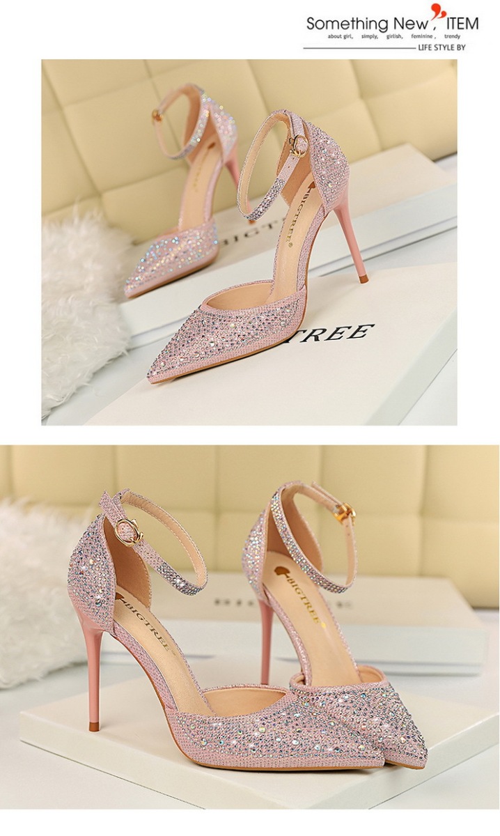 Giày sandal cao gót nữ mũi nhọn quai ngang đính đá lấp lánh — Màu bạc, Màu đen, Màu hồng, Màu Sâm panh