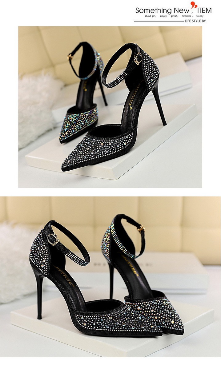 Giày sandal cao gót nữ mũi nhọn quai ngang đính đá lấp lánh — Màu bạc, Màu đen, Màu hồng, Màu Sâm panh