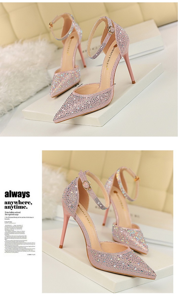 Giày sandal cao gót nữ mũi nhọn quai ngang đính đá lấp lánh — Màu bạc, Màu đen, Màu hồng, Màu Sâm panh