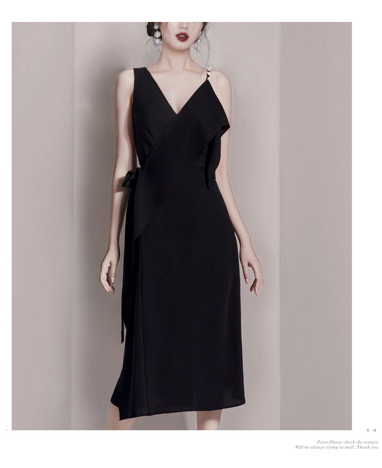 Đầm maxi nữ retro châu Âu cổ V, tay không, thắt eo ren — Hắc chi tiết 3
