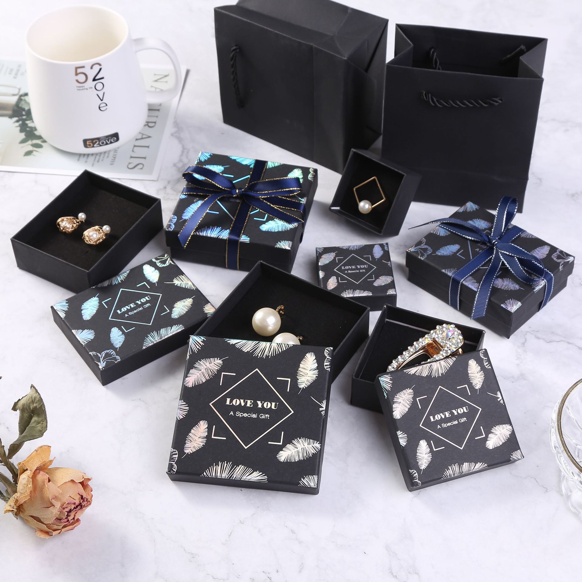 Wholesale Gold Foil Jewelry Packaging Boxes with Lid and Base for Earrings, Necklaces, Bracelets, Gift Boxes, Black Jewelry Boxes in Various Sizes