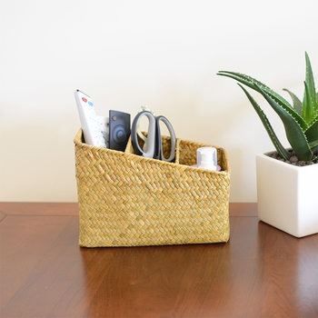 Seagrass Woven Storage Basket for Home and Office Desk Organization, Divided Storage Basket with Compartment Design
