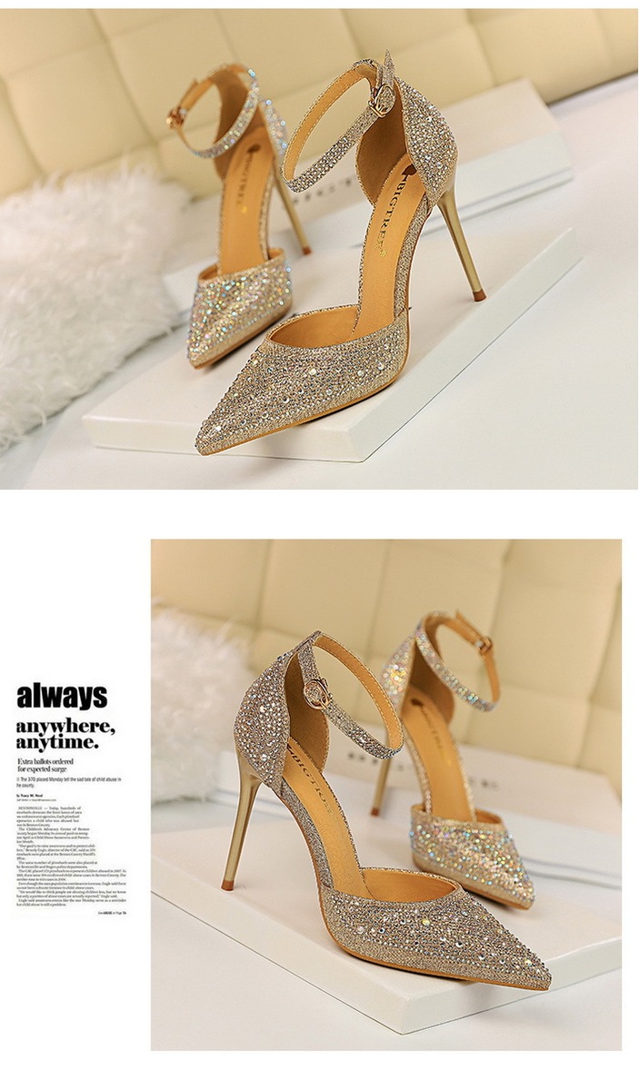 Giày sandal cao gót nữ mũi nhọn quai ngang đính đá lấp lánh — Màu bạc, Màu đen, Màu hồng, Màu Sâm panh