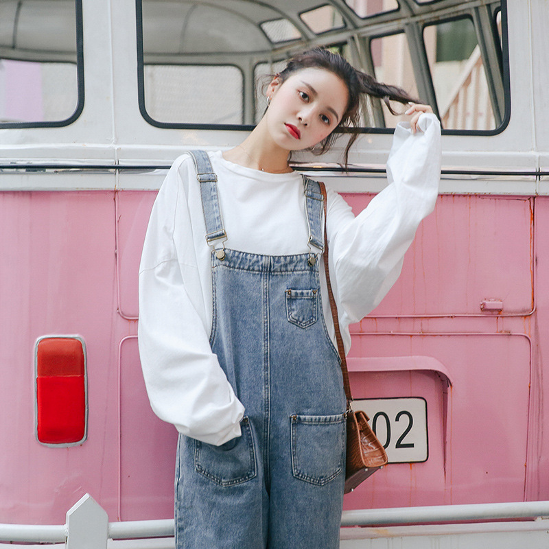 Womens High Waisted Denim Overalls Loose Fit Cropped Length Korean Style Casual Wear for Students Wholesale