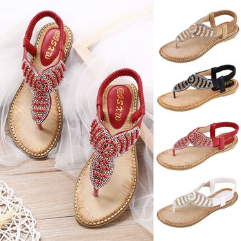 2023 new rhinestone Pearl women's shoes solid color clip toe elastic strap sandals cross border large size fashion women's sandals