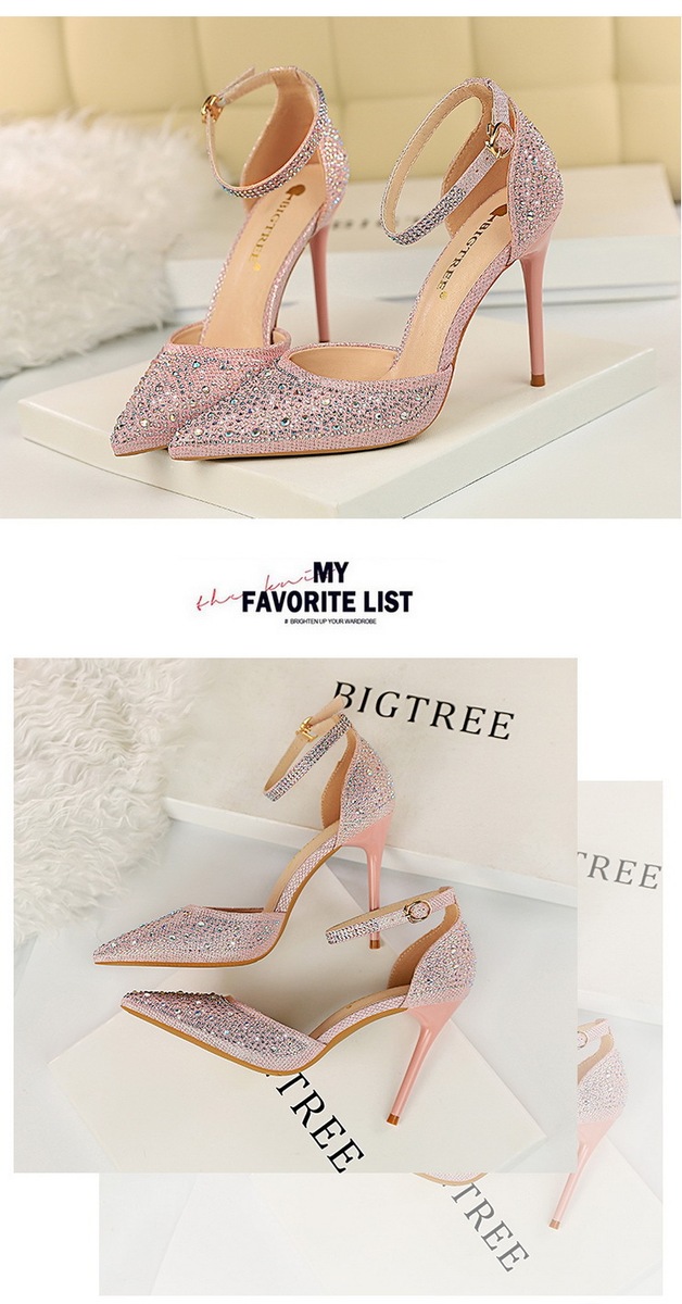 Giày sandal cao gót nữ mũi nhọn quai ngang đính đá lấp lánh — Màu bạc, Màu đen, Màu hồng, Màu Sâm panh
