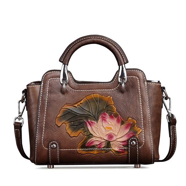Túi Đeo Vai Nữ Da Bò Vintage Họa Tiết Hoa Sen, Túi Xách Tay Nữ Da Bò Đeo Chéo Màu Nâu, Đỏ