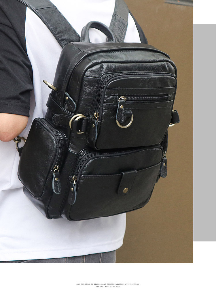Ba lô da thật J.M.D đa năng đựng laptop 14 inch, đeo chéo và đeo vai — Màu đen, Màu nâu