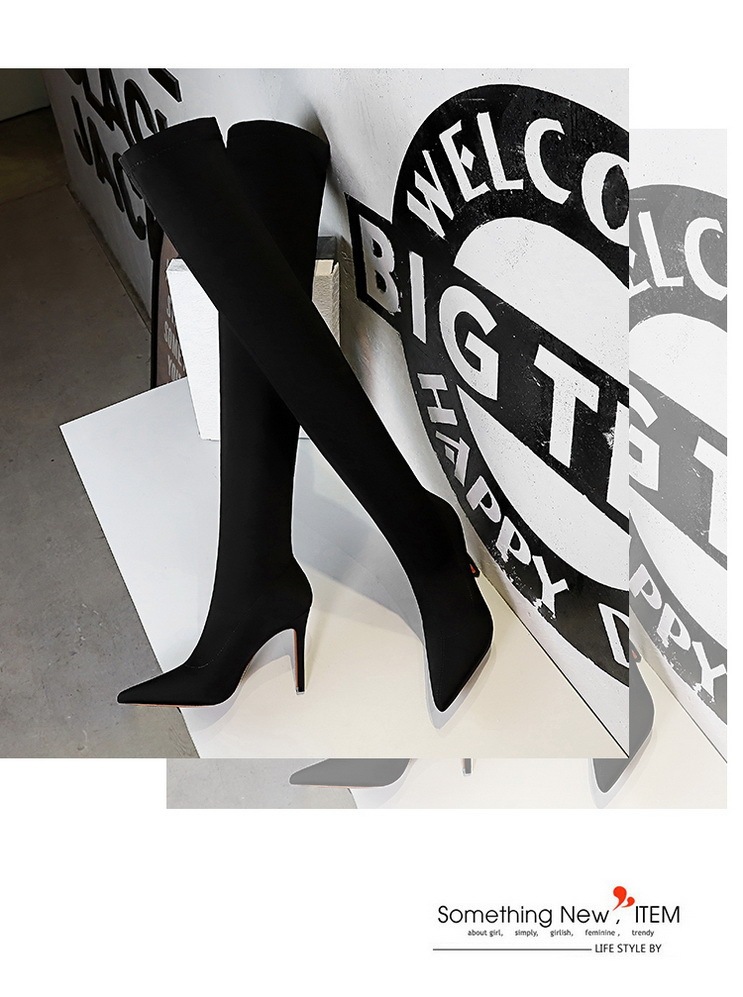 Boot nữ cổ cao qua gối mũi nhọn gót nhọn co giãn ôm chân — 315-9 đen 9.5CM, 315-A9 Đen 8.5CM