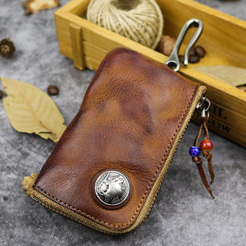 First Layer Vegetable Tanned Leather Key Bag Women's Handmade Old Washed Cowhide Retro Style Zipper Car Door Key Bag Men's