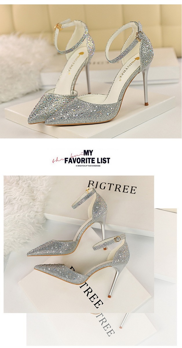 Giày sandal cao gót nữ mũi nhọn quai ngang đính đá lấp lánh — Màu bạc, Màu đen, Màu hồng, Màu Sâm panh
