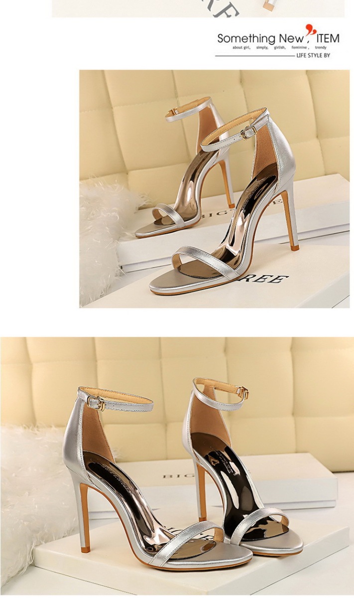 Giày sandal cao gót nữ quai ngang mũi hở gót mảnh phong cách thanh lịch — Màu bạc, Màu đen, Màu đỏ, Màu Kaki