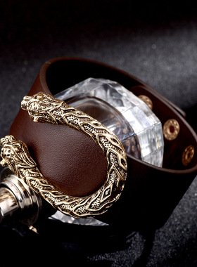 欧美潮流宽皮手链淑女御姐风PU手镯U形简约合金豹子造型手饰品