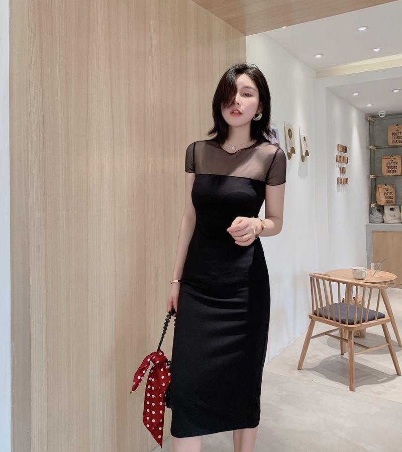 Đầm ôm body nữ cổ tròn tay ngắn chất liệu cotton phối khóa kéo — [Màu đen] chi tiết 3