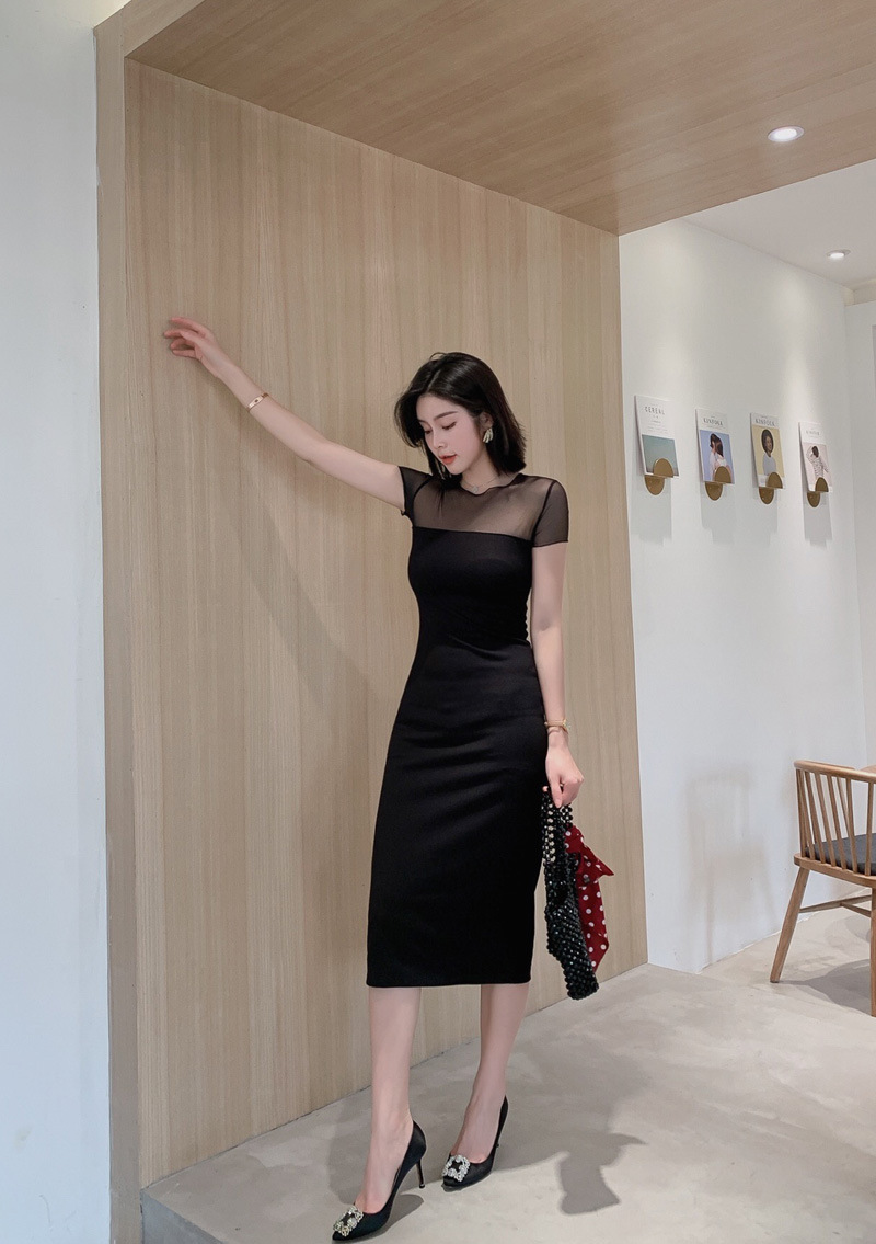 Đầm ôm body nữ cổ tròn tay ngắn chất liệu cotton phối khóa kéo — [Màu đen] chi tiết 2