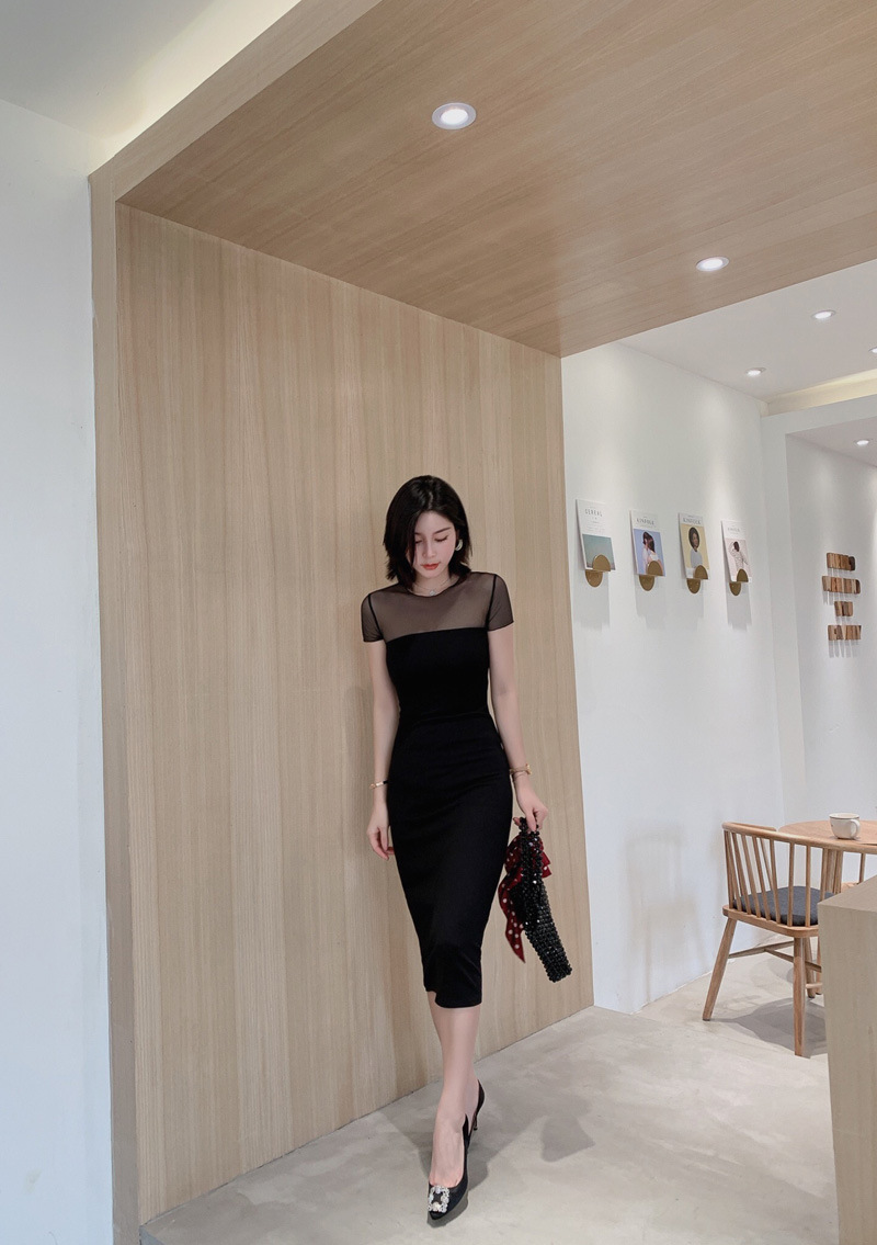 Đầm ôm body nữ cổ tròn tay ngắn chất liệu cotton phối khóa kéo — [Màu đen] chi tiết 1