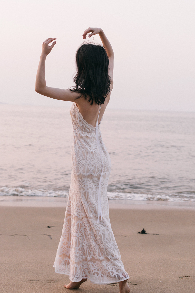 Đầm maxi nữ ren thắt eo phong cách BOWO tay loe — Trắng chi tiết 8