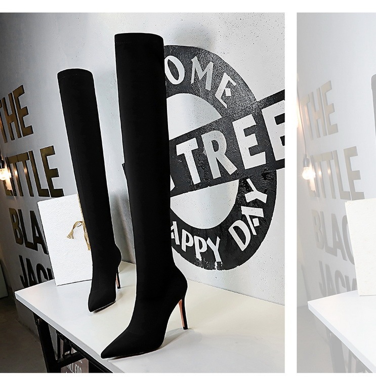 Boot nữ cổ cao qua gối mũi nhọn gót nhọn co giãn ôm chân — 315-9 đen 9.5CM, 315-A9 Đen 8.5CM