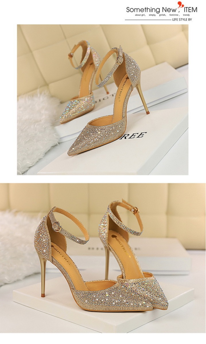 Giày sandal cao gót nữ mũi nhọn quai ngang đính đá lấp lánh — Màu bạc, Màu đen, Màu hồng, Màu Sâm panh