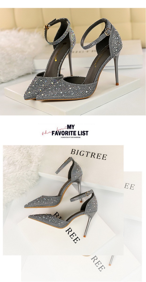 Giày sandal cao gót nữ mũi nhọn quai ngang đính đá lấp lánh — Màu bạc, Màu đen, Màu hồng, Màu Sâm panh
