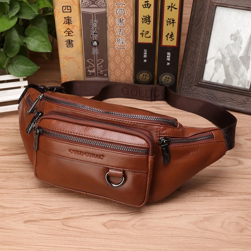 Cross-Border Waist Bag Men's Genuine Leather Cowhide Multi-Functional Men's Bag Sports Dumpling-Shaped Mobile Phone Waist Bag Cashier Large Capacity New Bag