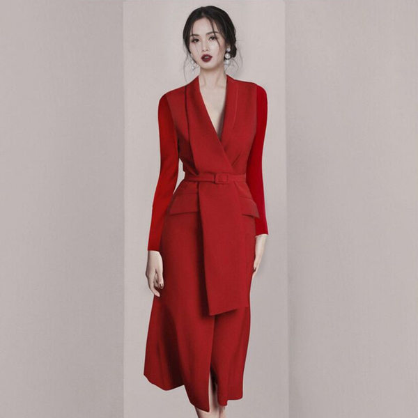 Váy Đầm Vest Nữ Dáng Dài Tay Dài Phong Cách Châu Âu Màu Đỏ