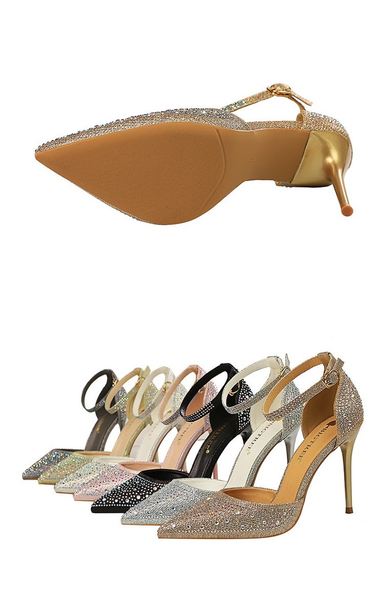 Giày sandal cao gót nữ mũi nhọn quai ngang đính đá lấp lánh — Màu bạc, Màu đen, Màu hồng, Màu Sâm panh