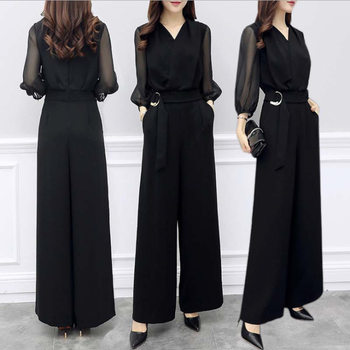 Spring and Summer New High Waist Chiffon Jumpsuit Black Cropped Sleeve Slim-fit Slimming Elegant Wide Leg Jumpsuit for Women