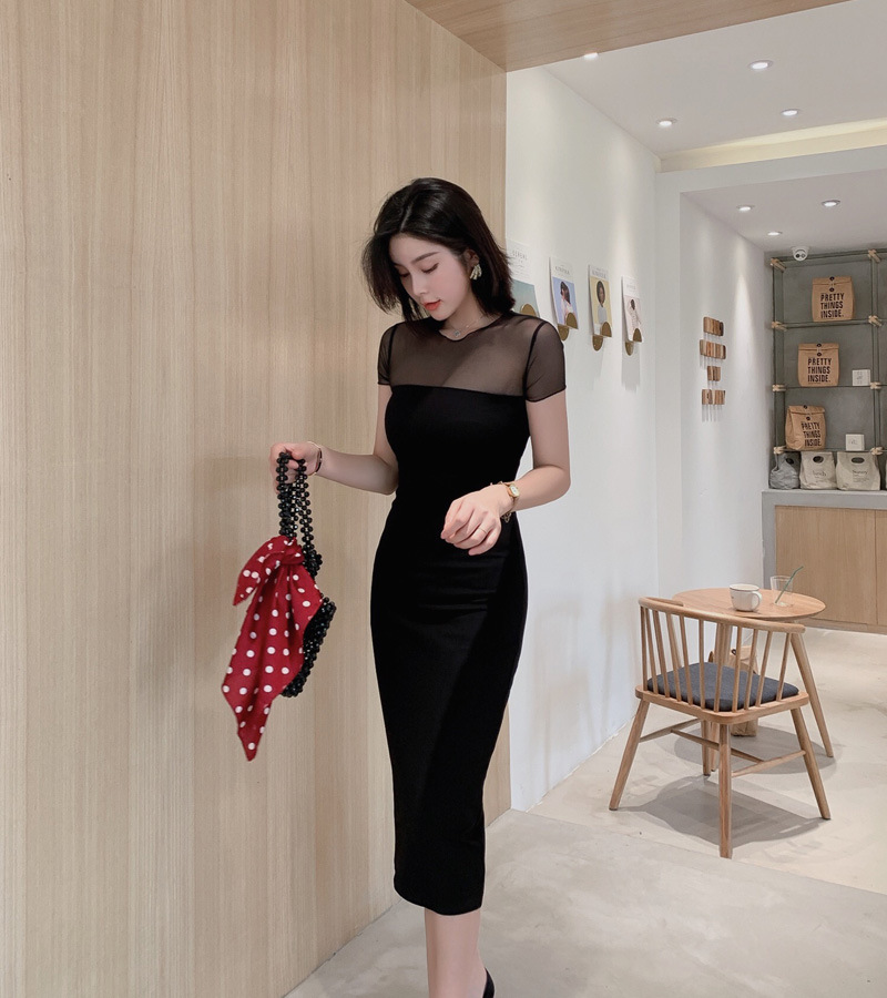 Đầm ôm body nữ cổ tròn tay ngắn chất liệu cotton phối khóa kéo — [Màu đen] chi tiết 4