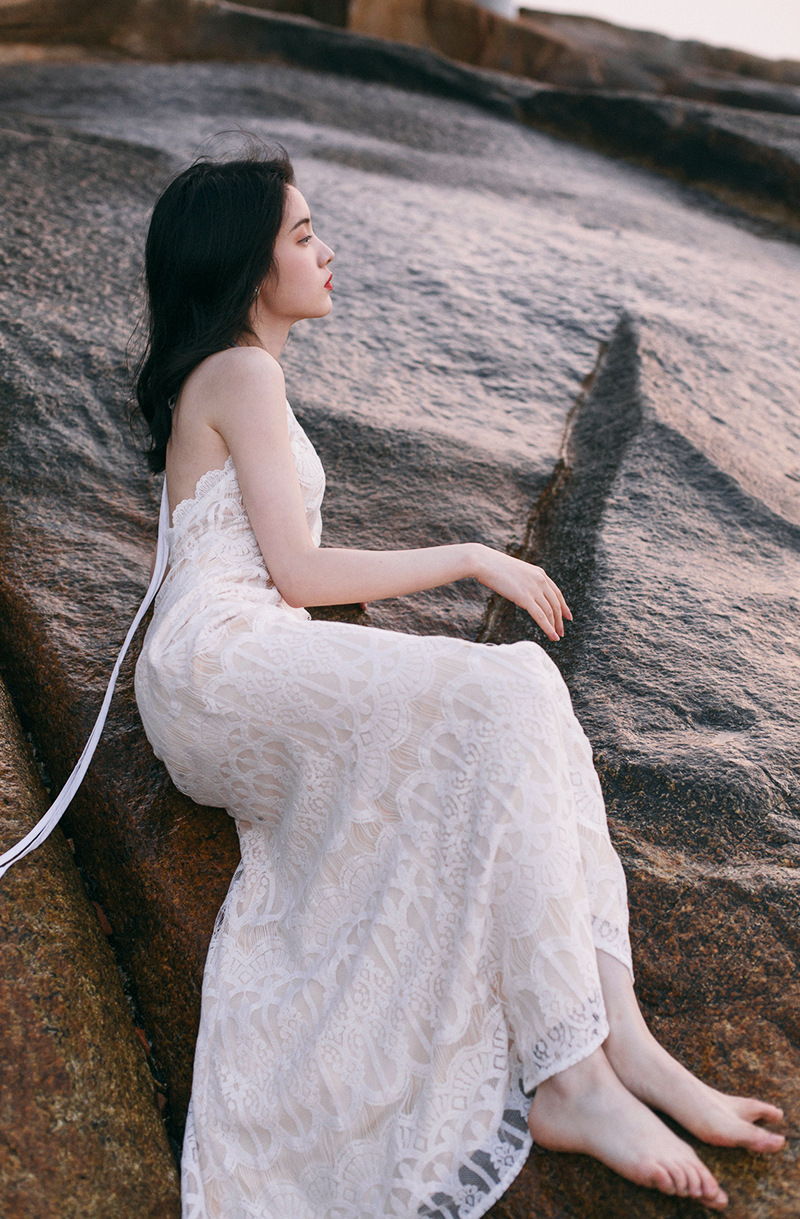 Đầm maxi nữ ren thắt eo phong cách BOWO tay loe — Trắng chi tiết 9
