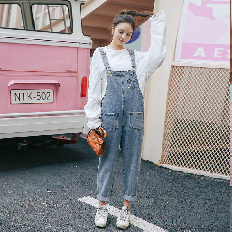 Womens High Waisted Denim Overalls Loose Fit Cropped Length Korean Style Casual Wear for Students Wholesale