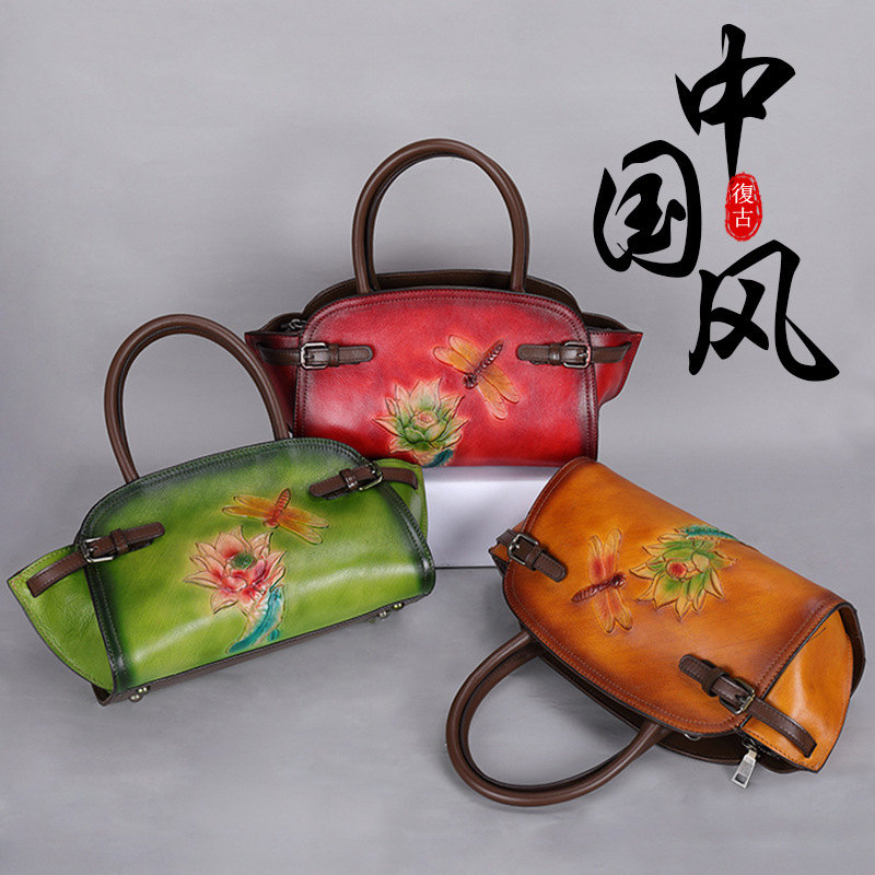 Túi xách nữ da thật dập nổi họa tiết hoa bướm, đeo chéo và cầm tay — Đỏ cổ điển, Xám cổ điển, Xanh lá cổ điển