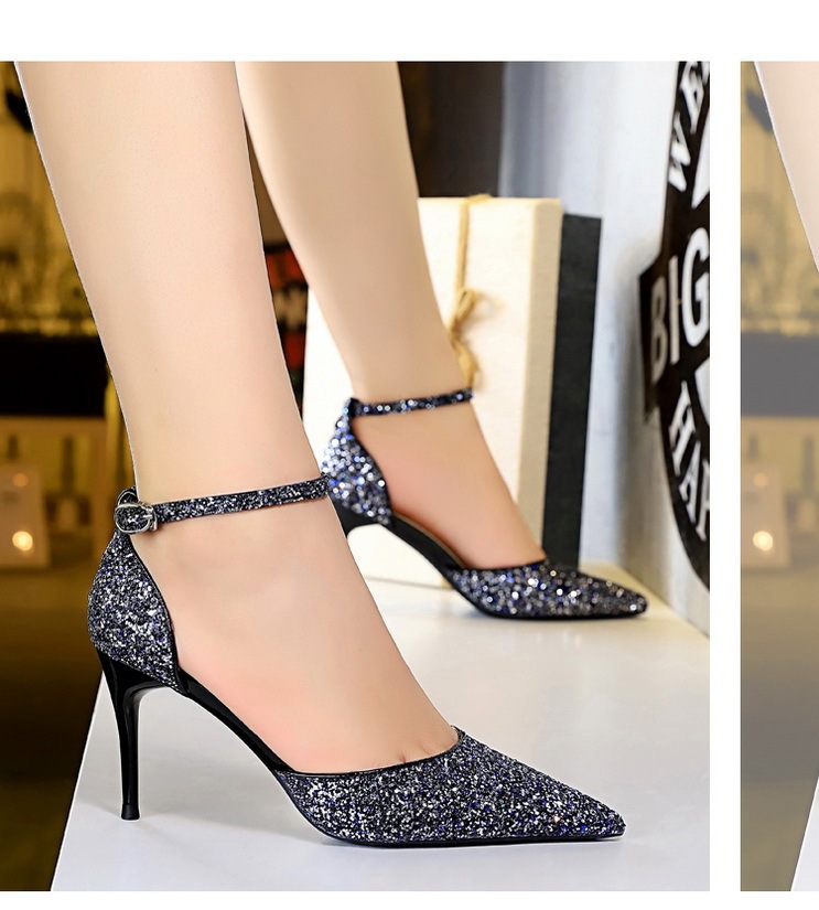Sandal cao gót nữ mũi nhọn quai ngang đính 片 phối hợp — 283-1 Bạc 9.5CM, 283-1 đen 9.5CM, 283-1 màu Đỏ 9.5CM, 283-A1 Bạc 7.5CM