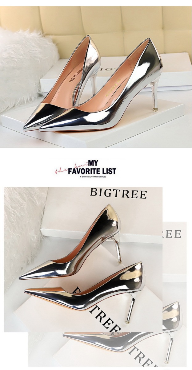 Giày cao gót nữ mũi nhọn gót kim loại phối da bóng — 9511-7 Bạc 10.5CM, 9511-7 đen 10.5CM, 9511-7 Đồng 10.5CM, 9511-7 màu sâm panh 10.5CM