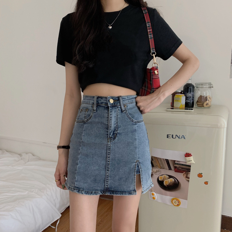High Waisted Denim Skirt A Line Stretch Fabric Split Design Summer Casual Wear Wholesale Available