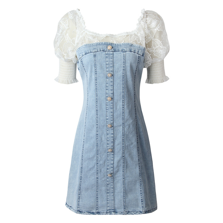 Đầm maxi nữ denim tay bồng cổ vuông không lưng — Trắng sọc chi tiết 6