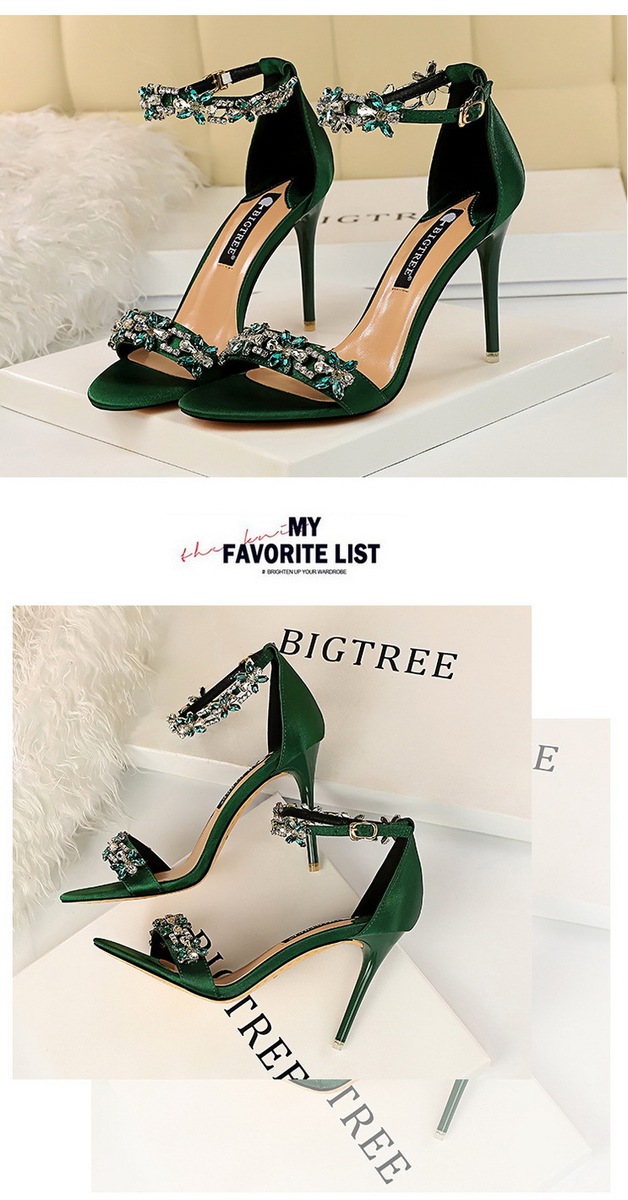 Giày sandal cao gót nữ mũi hở quai ngang đính đá lấp lánh chất liệu satin — Màu bạc, Màu đen, Màu đỏ, Màu hồng