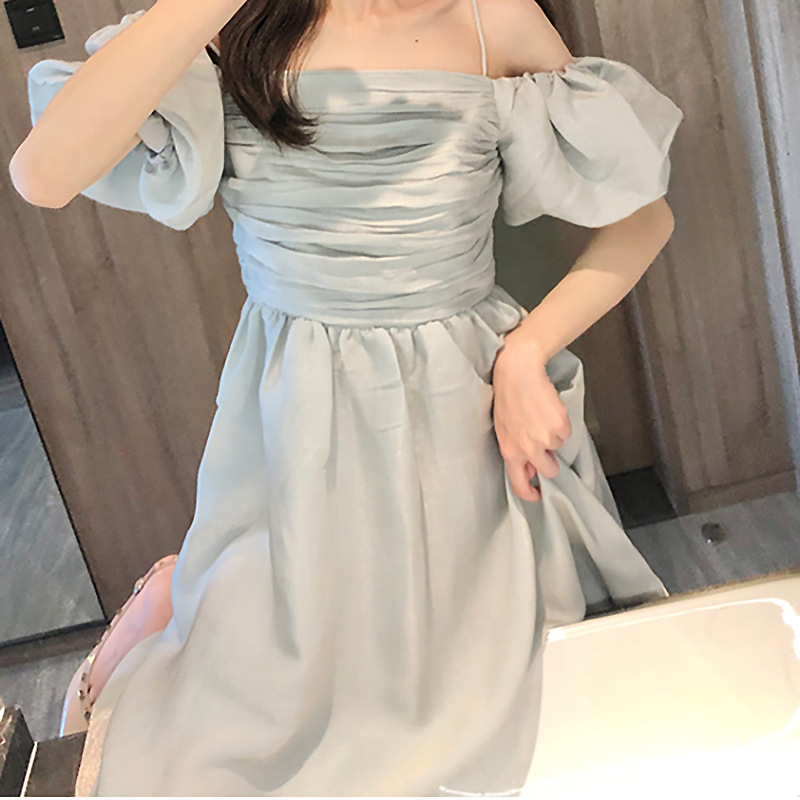 Đầm maxi nữ thắt eo dáng chữ A tay ngắn — Xanh lá cây chi tiết 4