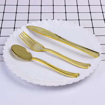 0.21 Yuan/Piece Manufacturer's Spot Uv Electroplating Disposable Knife, Fork and Spoon for Meal Birthday Party Set Cross-Border Supply
