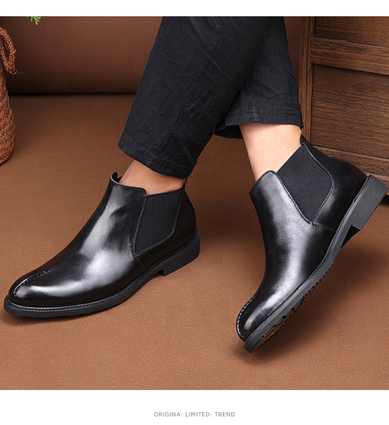 Boot Chelsea nam cổ thấp mũi nhọn bằng da bò, đế mềm giữ ấm mùa đông — Màu đen lót da, Màu đen lót nhung