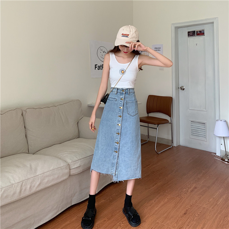 High Waisted Irregular Denim Midi Skirt Single Button A Line Slim Fit Spring Summer Fashion for Women Wholesale