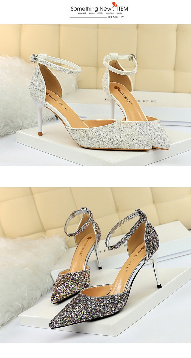Sandal cao gót nữ mũi nhọn quai ngang đính 片 phối hợp — 283-1 Bạc 9.5CM, 283-1 đen 9.5CM, 283-1 màu Đỏ 9.5CM, 283-A1 Bạc 7.5CM