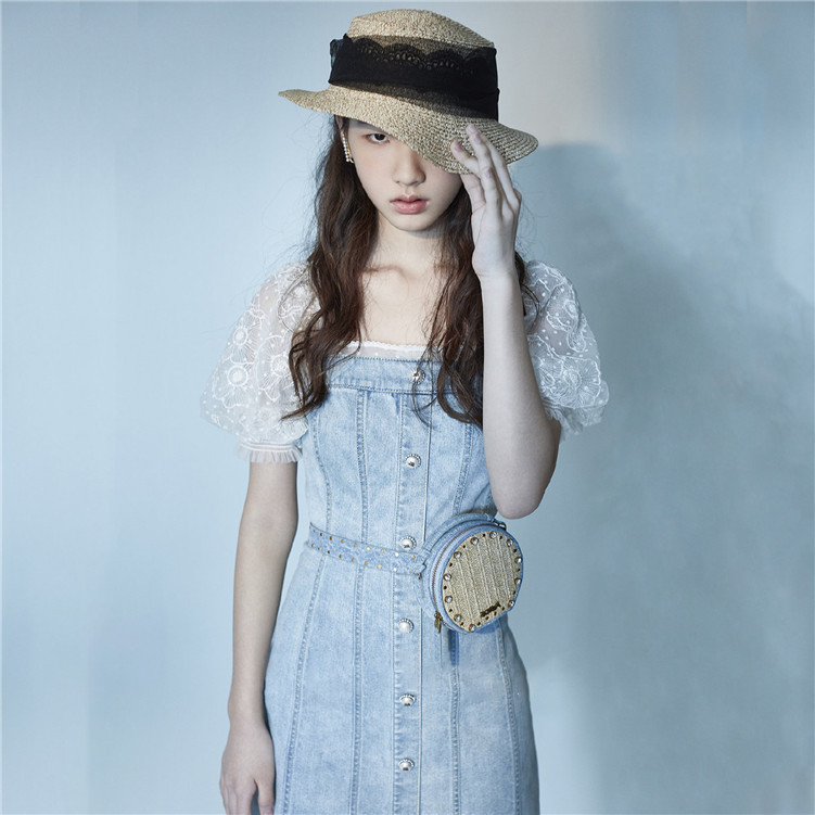Đầm maxi nữ denim tay bồng cổ vuông không lưng — Trắng sọc chi tiết 2