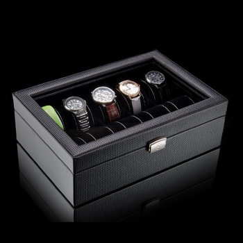 Carbon fiber leather 10 epitope watch finishing display box wristwatch mechanical watch jewelry storage box Skylight with lock box