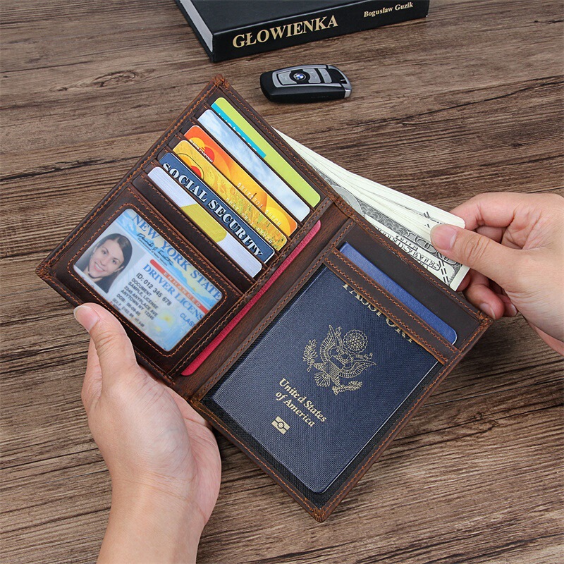 Ví passport da thật phong cách cổ điển nhiều khe thẻ chống trộm RFID kèm ngăn đựng tiền lẻ — Đen (da Nappa), Màu đen (mẫu chữ thập), Nâu đậm (da ngựa điên)